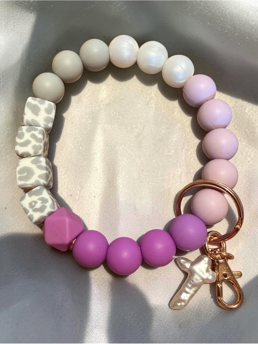 Beaded Purple & Cream Keychain Bracelet with Gold Hardware